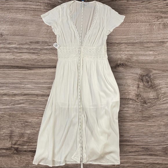 Women's Cream Button Lace Sheer Embroidered Boho Peasant Lined Maxi Dress XL - Picture 7 of 12